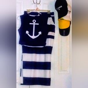 Source Unknown Navy and White Striped Pencil Skirt Set with Anchor Top
